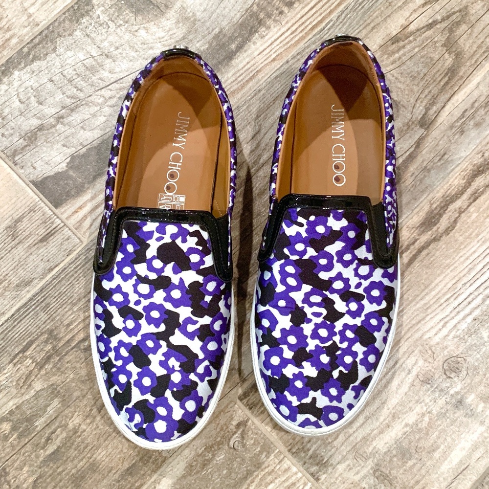 Jimmy Choo Demi Violet Floral Printed Jacquard Slip On Sneakers - Picture 4 of 14